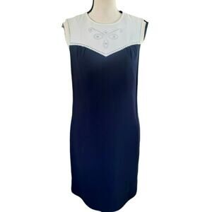 Hobbs London Navy Blue Pencil Dress With Cream Sweetheart Yoke Sleeveless US 4